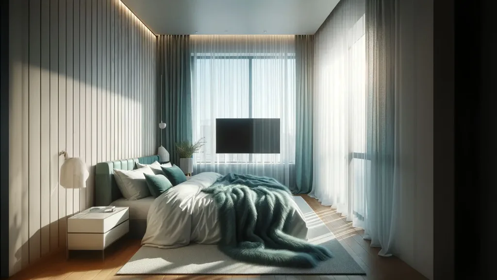 chambre à coucher avec grandes baies vitrées en alu