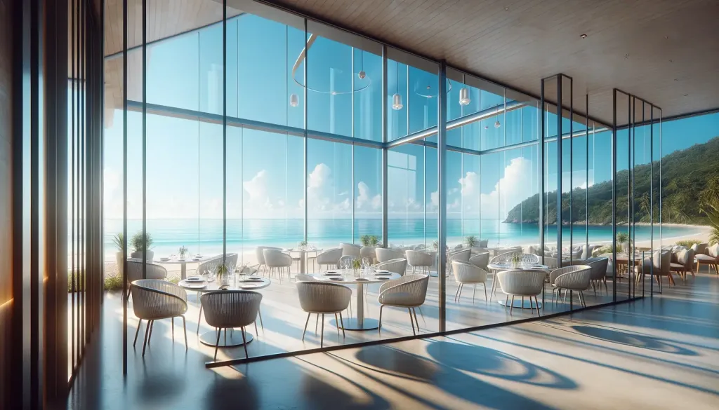 immense baie vitrée d'un restaurant moderne avec terrasse